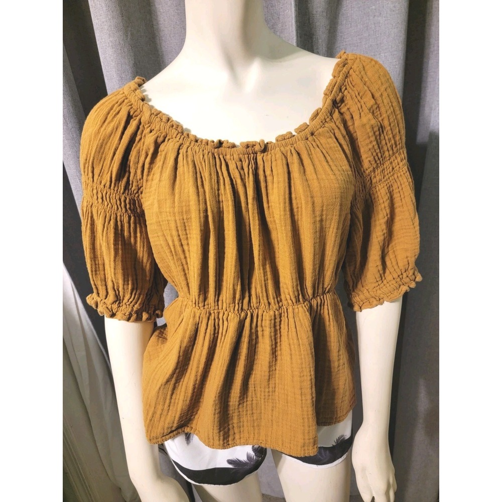 Puff Sleeve Caramel Brown‎ Shirred Cotton Babydoll Blouse SZ M Milkmaid Old Navy